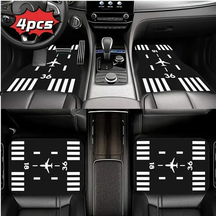 4pcs Aviation Theme Car Floor Mats, Polyester Material, Front And Rear Seat Mat Set, Runway Design, Car Interior Accessories