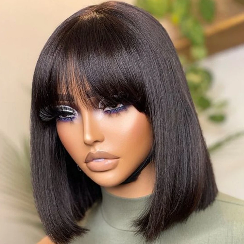 브라질리언 헤어 본 스트레이트 프리 파트 레이스 가발 밥 가발 풀 머신 메이드 100% 인모 가발 앞머리 있는 밥 가발 내추럴 컬러