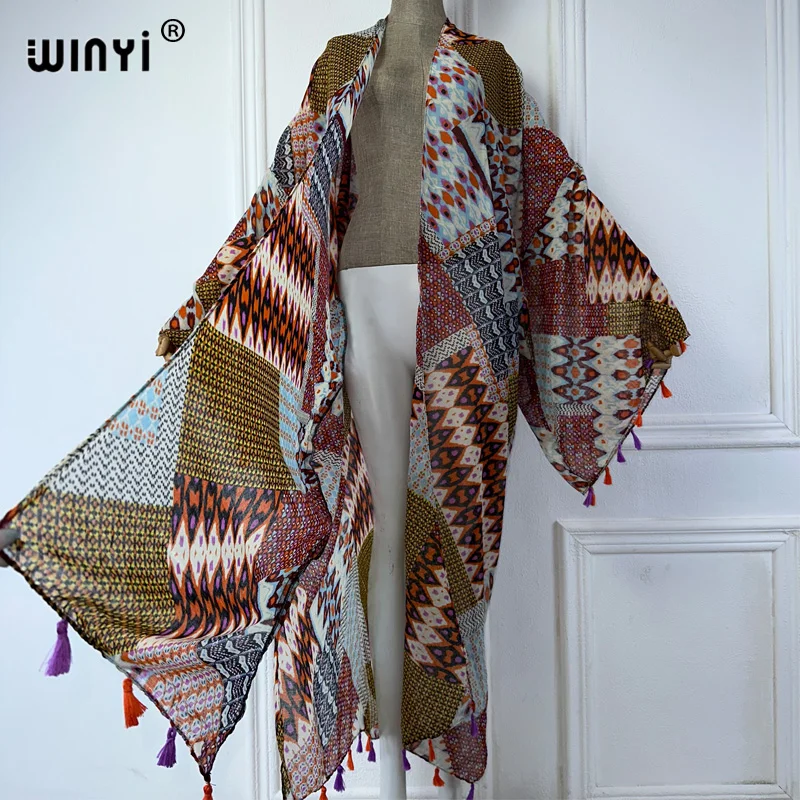 WINYI Sommer-Outfit Kimono Afrika Boho Print Strand Cover Up Muslimisches Kleid Strickjacken Strandkleidung Frauen Abaya Dubai Luxus-Kaftan