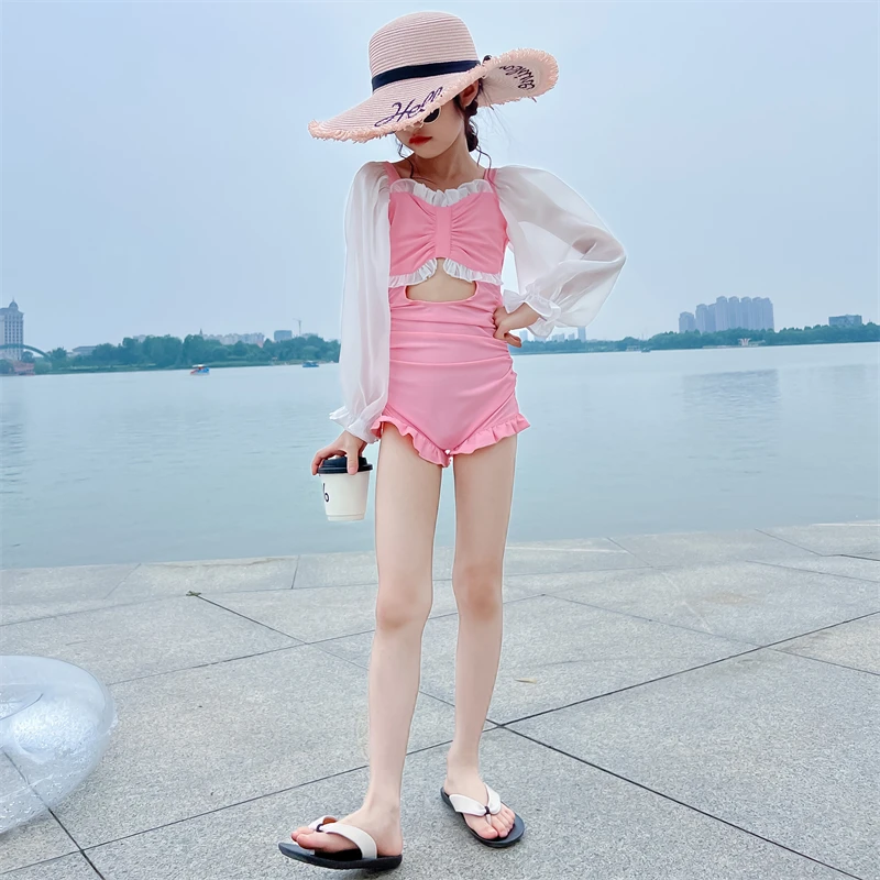 2024 New Girls Swim Wear Korean Sexy Slim Long Sleeved Kids Swimwear Children One Piece Swimsuit Backless Monokini Bathing Suits