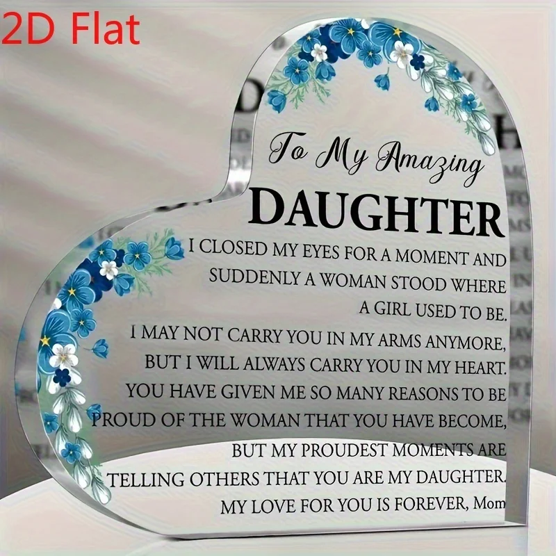 To My Amazing Daughter Heart‑Shaped Acrylic Tabletop Plaque, Blue Floral Mom Sentimental Desk Keepsake Gift
