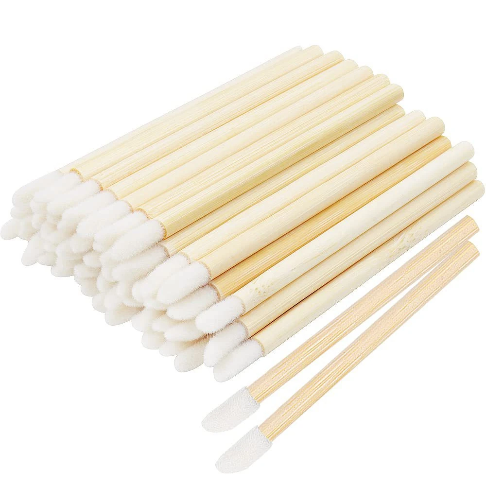 100Pcs Wooden Lipstick Applicators Disposable Lip Brush Set Fine Flocking Heads for Lip Gloss Lipstick Eyeshadow Makeup Daily