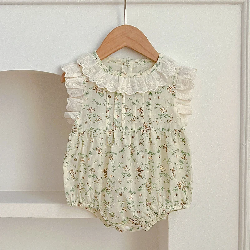 

2024 New Summer 0-24M Baby Clothing Korean Style Climbing Suit Sleeveless Cotton Printed Lace Splicing Newborn Baby Girl Romper