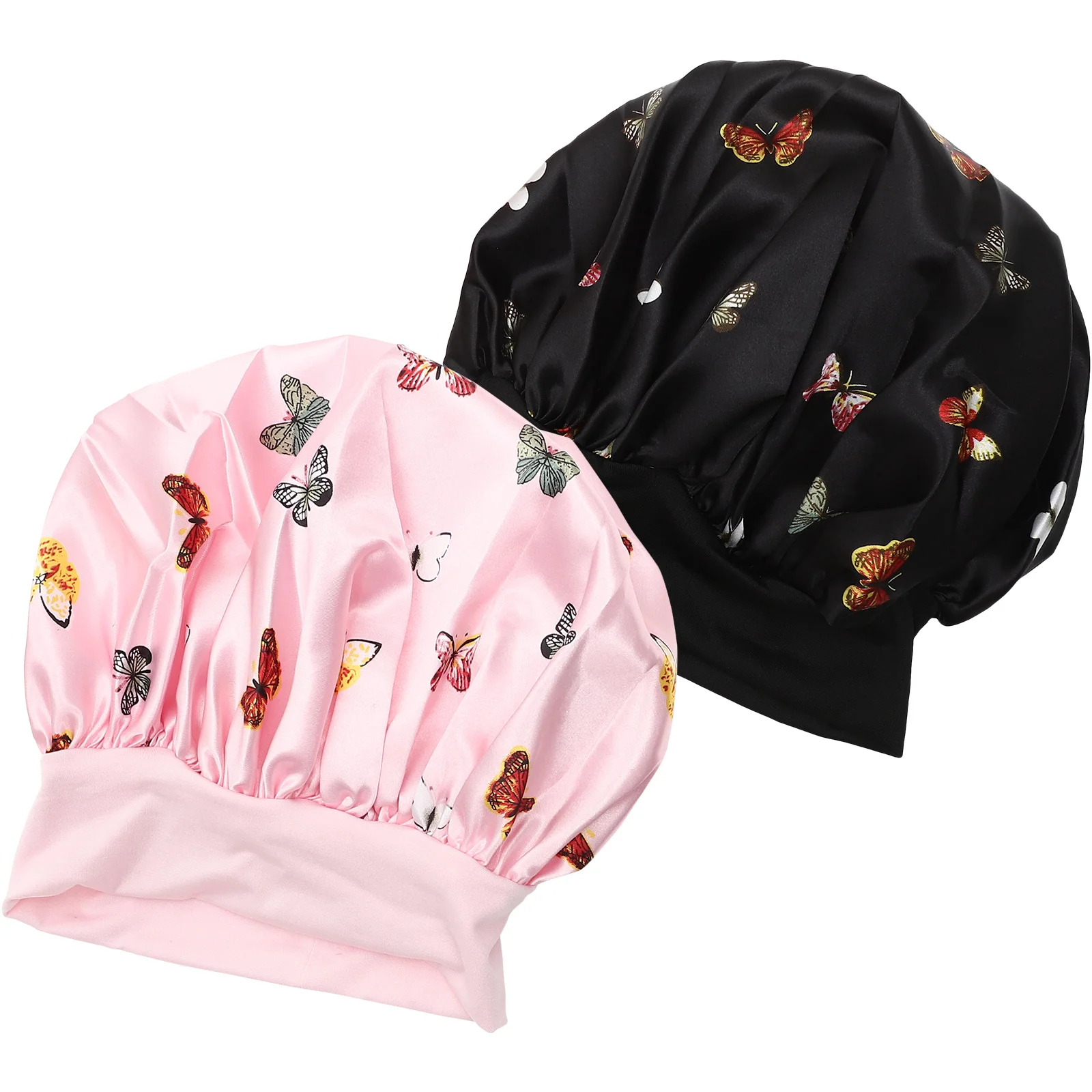 

2Pcs Butterfly Pattern Sleeping Hat Satin Bonnet Large Fit Long Hair Hair Protection Soft Comfortable Sleeping Bonnet