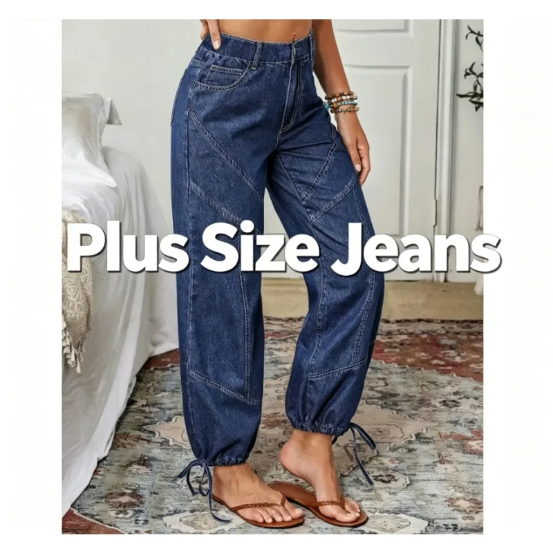 plus Size Women's Jeans with Cuff Tie Elastic Casual Denim Pants Loose Fit Versatile Simple Style for plus Size Women