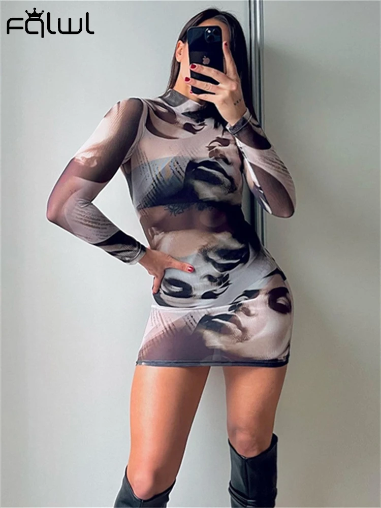 

Habbris Autumn Hipster Aesthetic Print Sexy Mesh Dress Concert Party Outfit Women 2024 Streetwear See Through Booty Short Dress