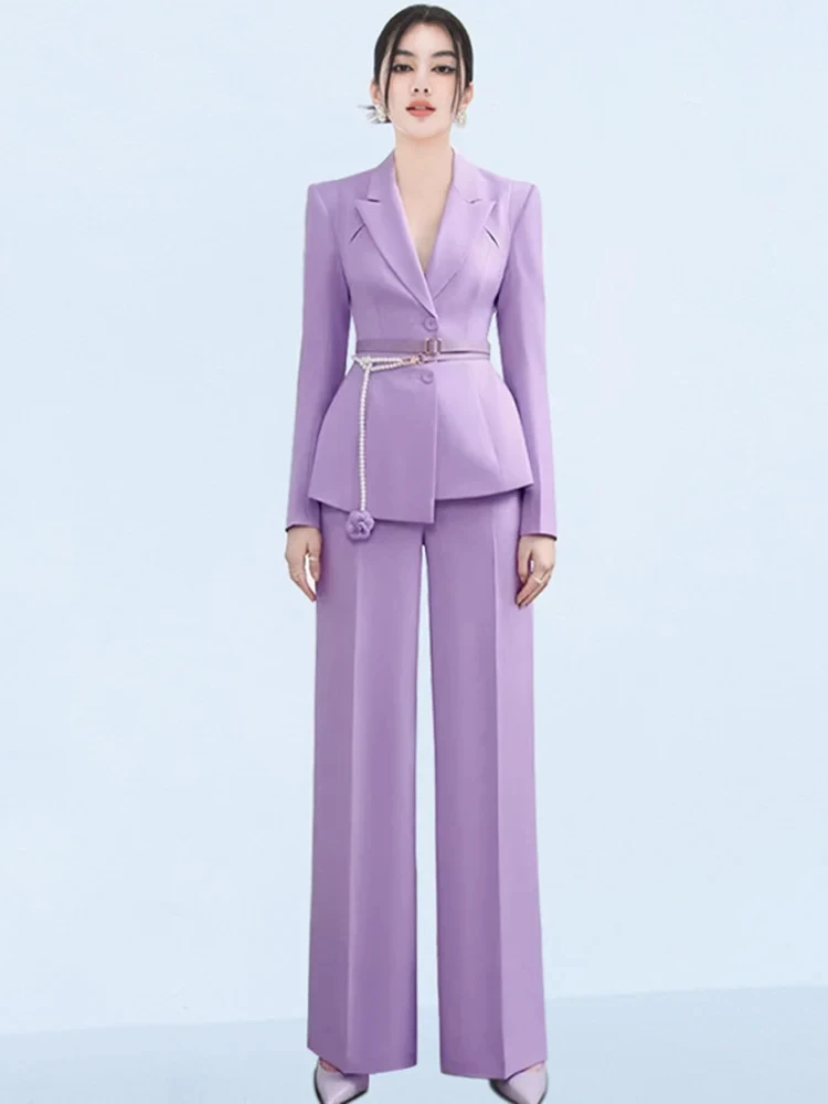 패션 여성 우아한 투피스 세트 노치드 싱글 브레스티드 긴팔 진주 벨트 코트 팬츠 세트 오피스룩 여성 의류 특가 판매