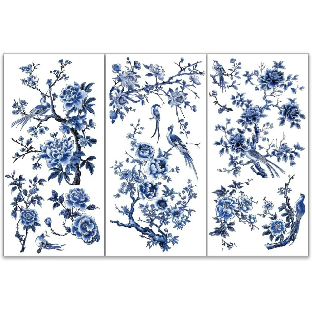 3pcs/Set Blue Flower Rub on Transfers for Furniture and Crafts 6x12 Inch Bird Decor Transfer Stickers Landscape Home Decorations
