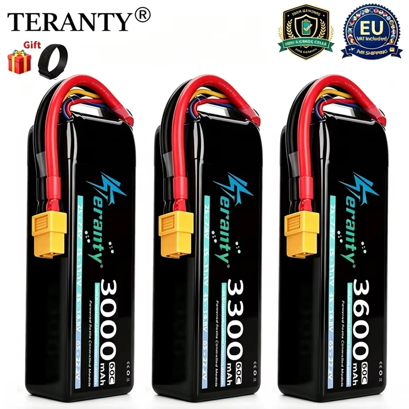 2 Stück TERANTY 4S Lipo FPV Drohnenakku 14,8V 3000/3300/3600mAh 60C mit T XT60 für RC-Autos, RC-Helikopter, Trucks, RC-Modellteile