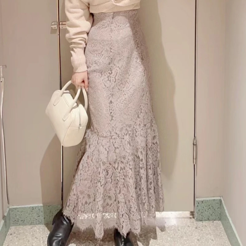 

WAKUTA 2024 Spring Fishtail Long Fairy Women Skirt Soft Elegant Slim Fit Jupe Japanese Hollow Out Lace High Waist Mujer Faldas