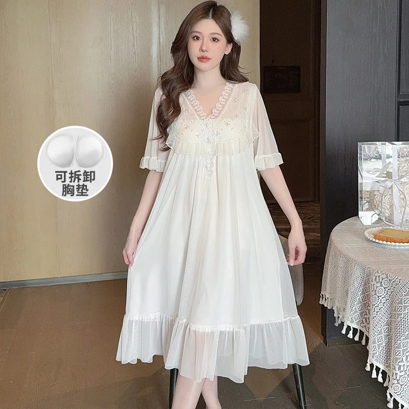 

Princess Style Long Nightgown with Chest Pad Summer Short Sleeve Mesh Court Sweet Home Clothes Thin Loose Pajamas Outdoor Wear