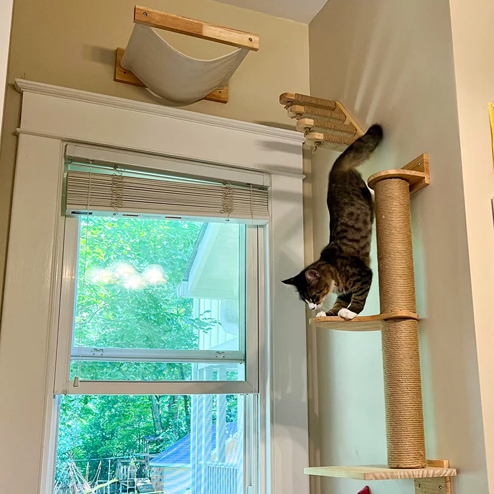 

Cat Wall Mounted Furniture Wooden Hammock Climbing Shelf Set Perch Sisal Ladder Scratching Post Beds Perches Stable For Kitty