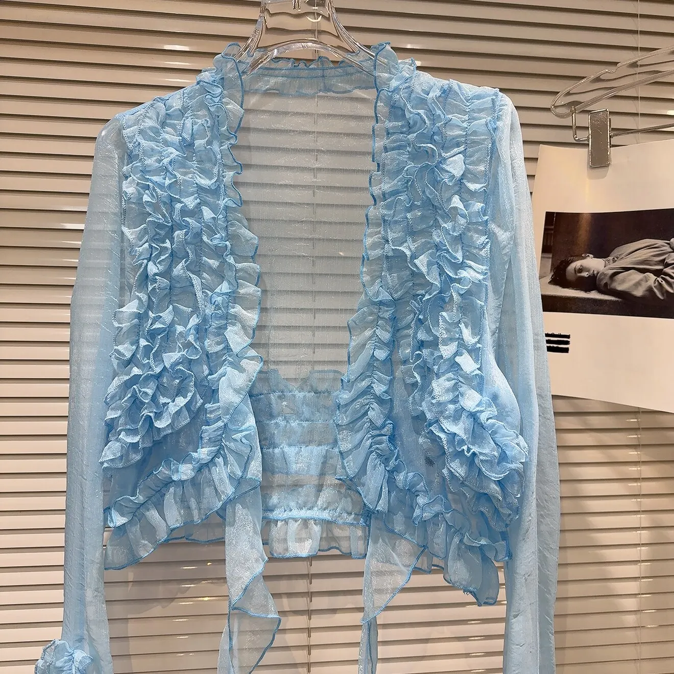 Spring Autumn Blue Fashion Wrinkled Lace Trim Mesh Top Female Perspective Long Sleeves Slim Short Coat Women
