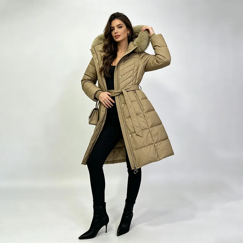 2026 high-end big fur collar hooded cotton clothes women's medium and long cotton clothes thickened waist warm jacket