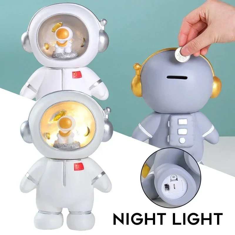 Home Decoration Gift Creative Astronaut Night Light Piggy Bank Resin Cartoon Anime Spaceman Coin Banknote Piggy Bank