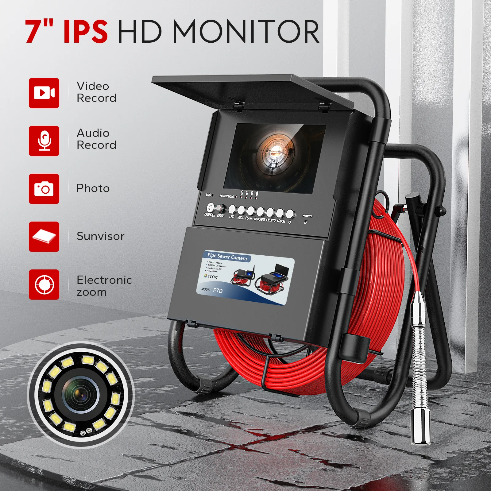 7 inch AHD Display Screen Sewer Inspection Camera with 23mm Probe 5X Zoom, IP68 Waterproof Endoscope Camera with 12 LEDS 100ft