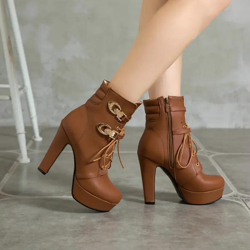

Round Toe Platform Sexy Female Heels Boots Lace-up Thick High Heeled Winter Women Shoes Fashion Ankle Boots Oversize 48 49 50