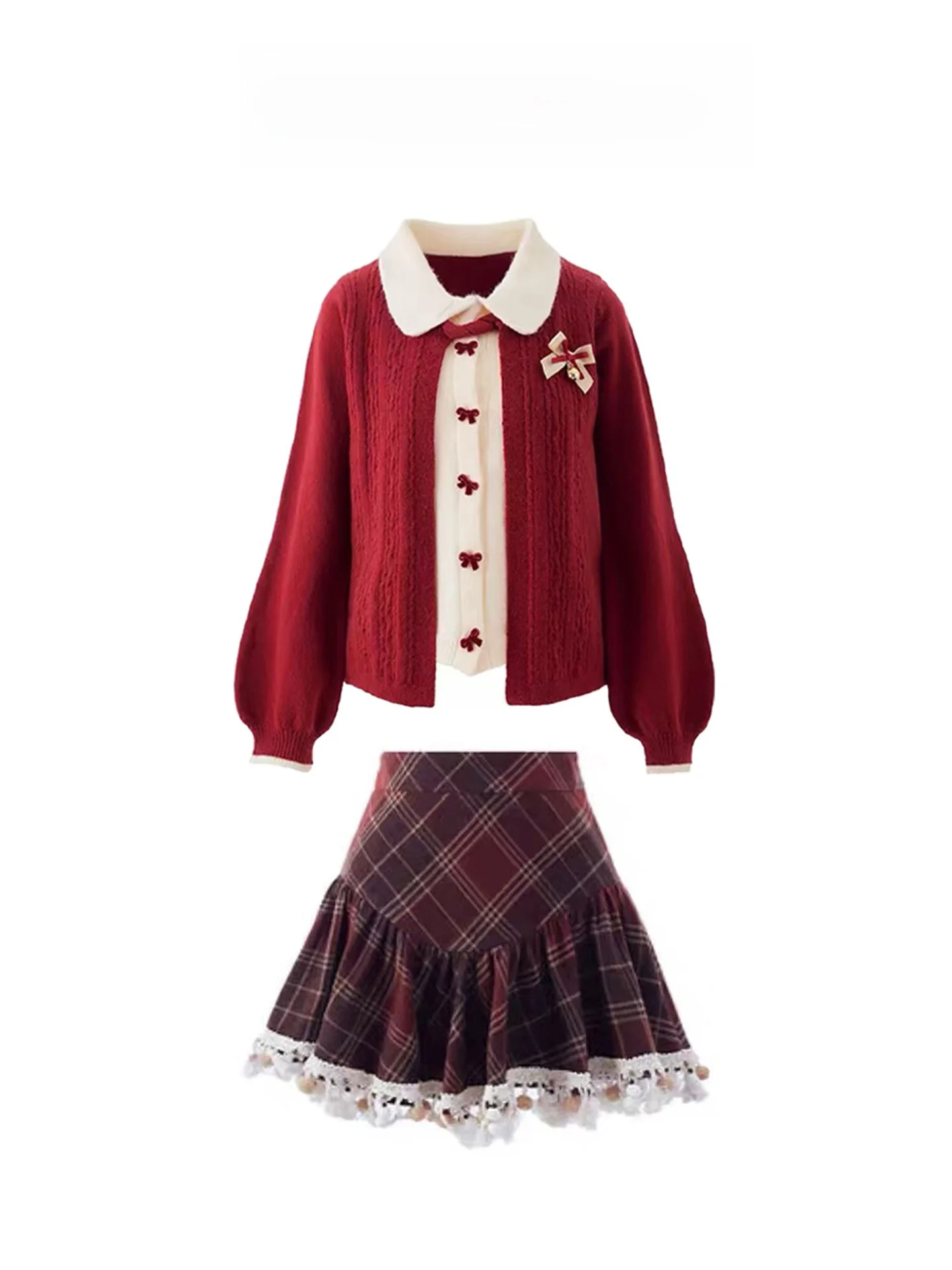 

New Year Red Knitted Sweater Coat Women's Autumn Winter Sweet Korean Style Plaid Skirt Set Fake Two-Piece Fashion Ensemble