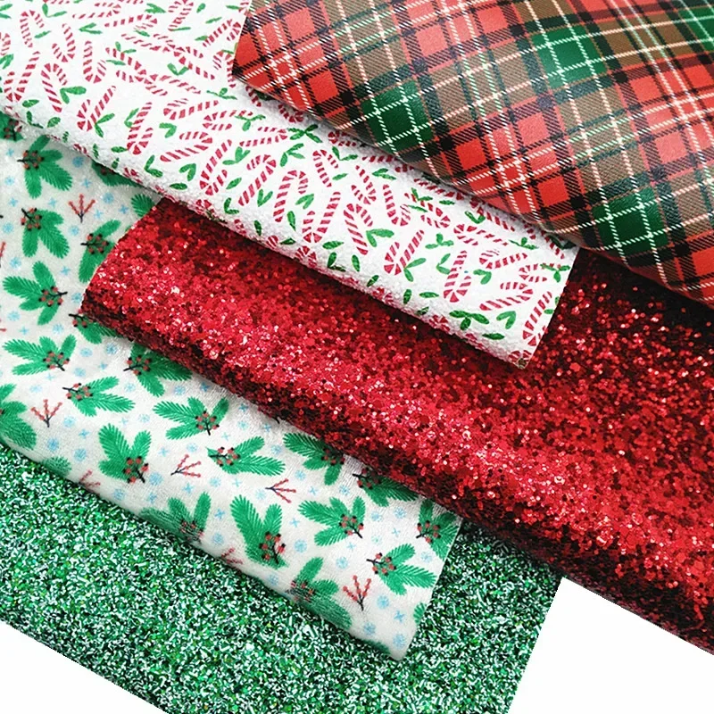 Green Red Glitter Leather Sheets Tartans Candy Cane Printed Faux Leather Crushed Velvet Fabric Sheets For DIY 21x29CM Y308