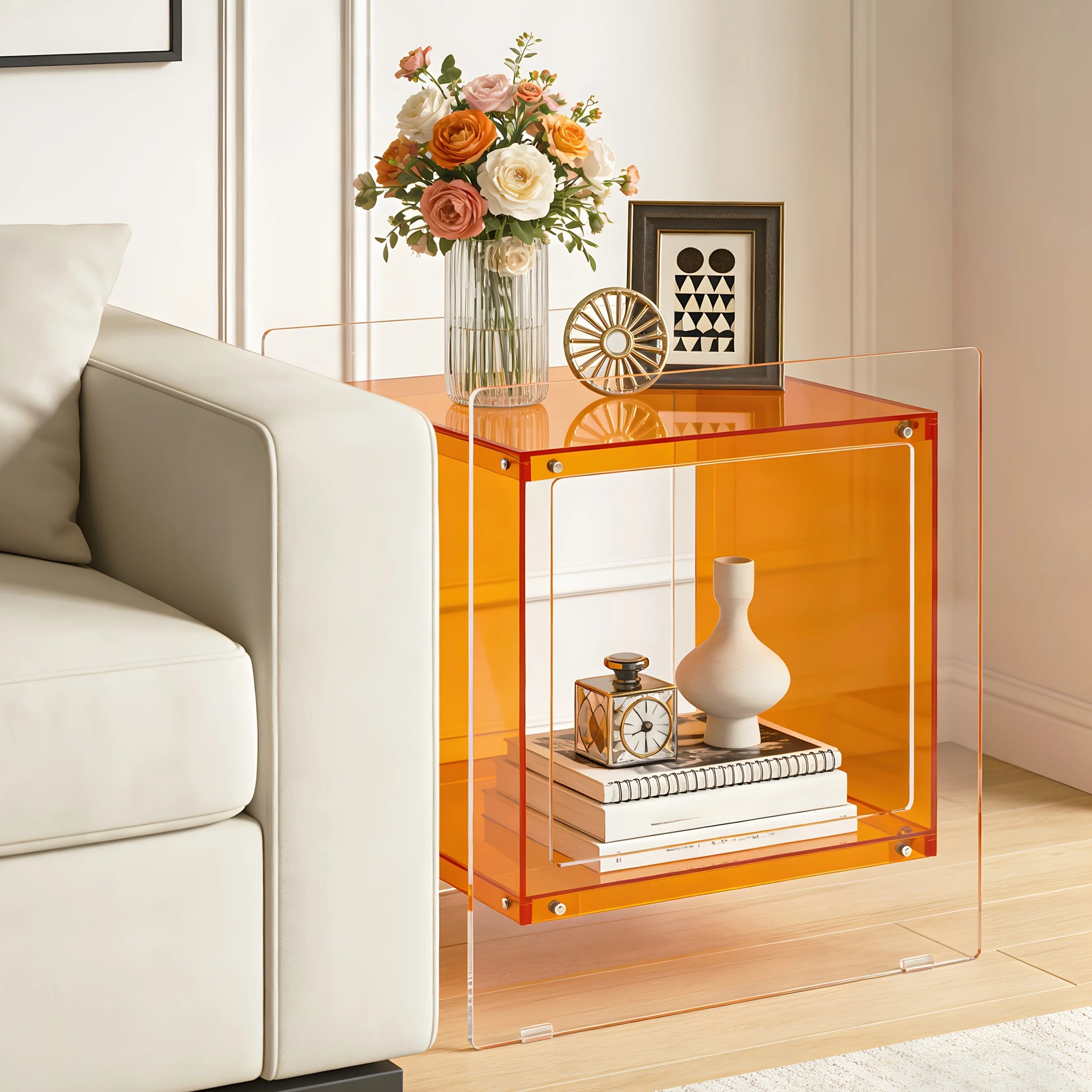 Acrylic Modern Clear Nightstand with Open Shelf Portable Bedside Table Suitable for Small Spaces, Multicolor Contemporary Shelf