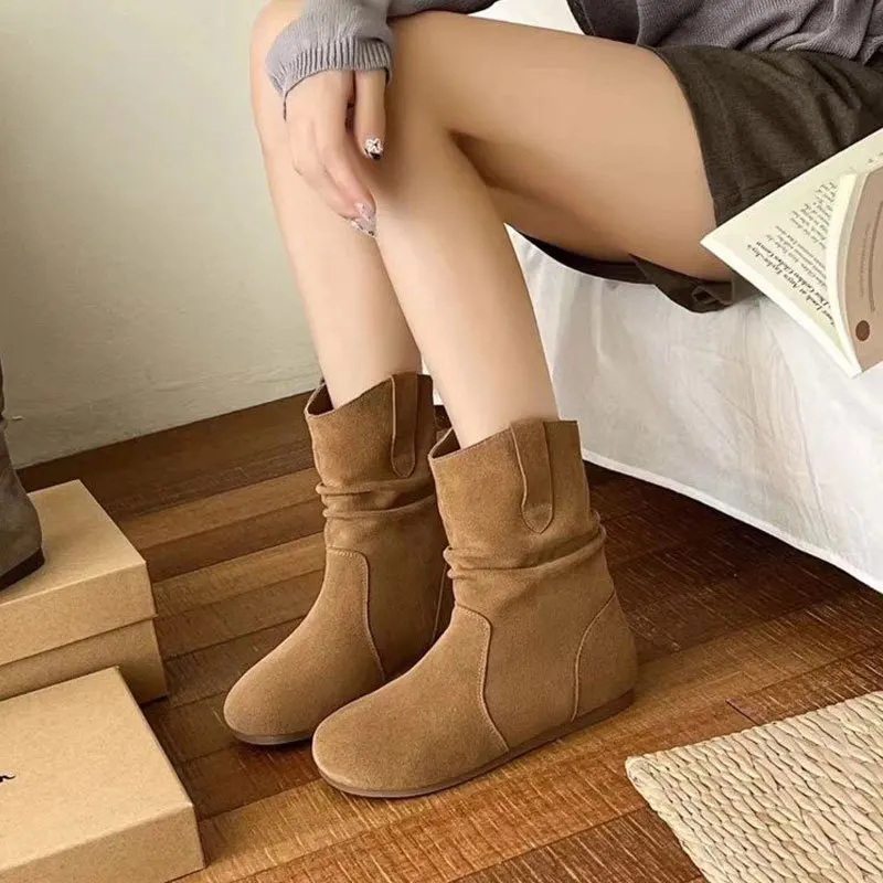 Flats Suede Casual Shoes Women Ankle Boots Slip-on Autumn New Apricot Goth Round Toe Short Botas Retro Versatile Chelsea Botines