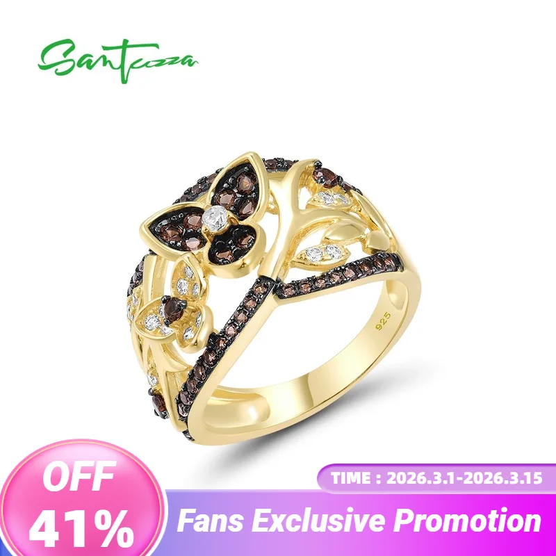 

SANTUZZA Genuine 100% 925 Sterling Silver Rings For Woman Nano Brown Spinel White CZ Gold Plated Flower Delicate Fine Jewelry