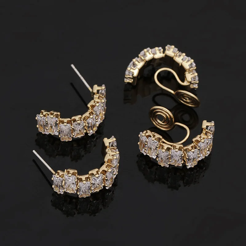 GRACE JUN Cubic Zircon Material Spiral Clip on Earrings No Pierced for Women Luxury Cuff Earrings Stud Earrings Fashion Jewelry