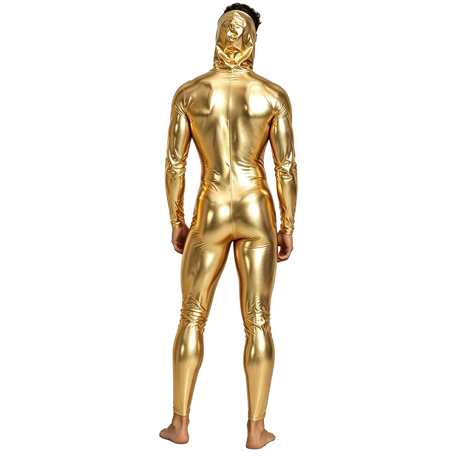 Men Long Sleeve Zip-up Metallic Shiny Hooded Jumpsuit Nightwear Nightclub Rave Party Clubwear Pole Dancing Hoodie Bodysuit