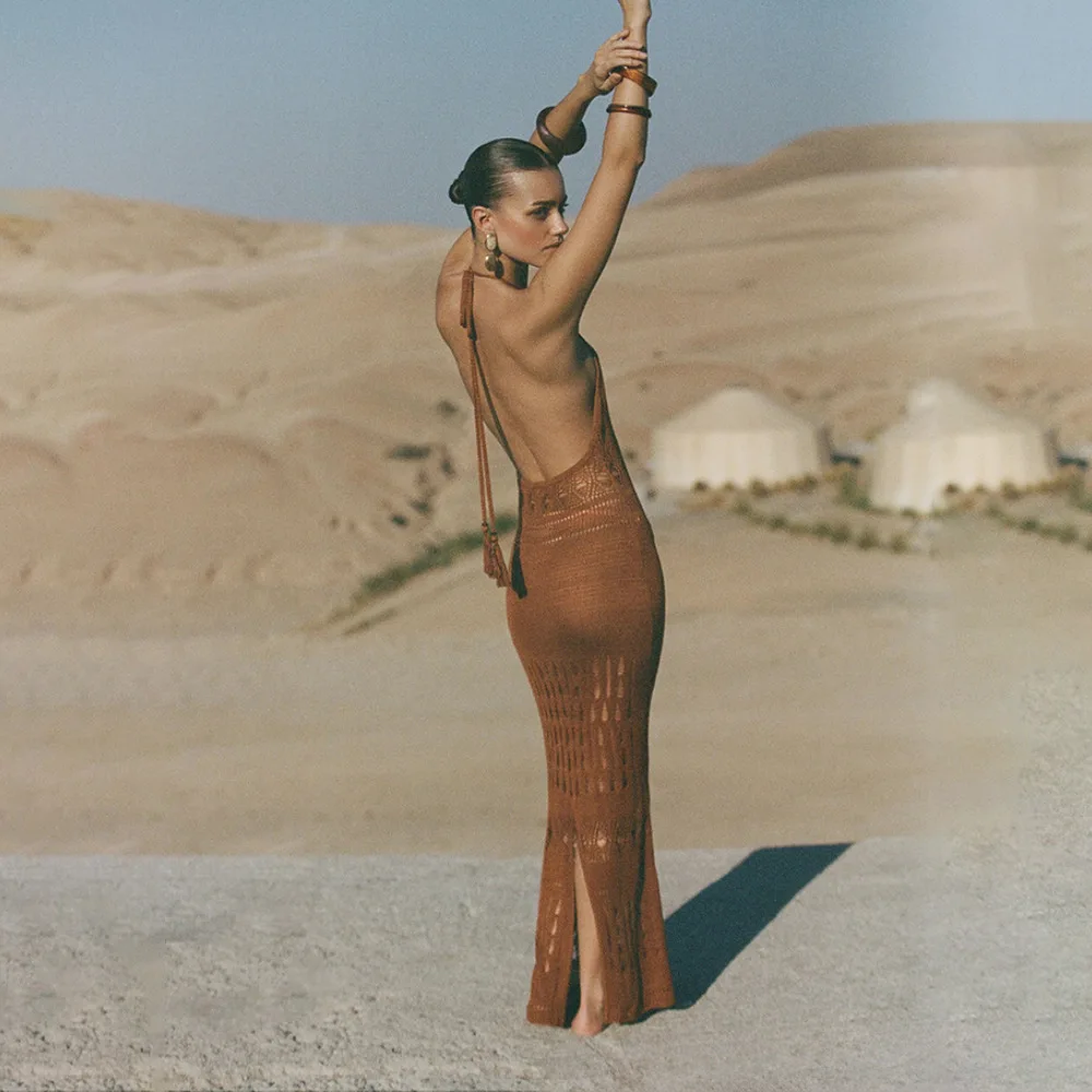 

2025 Summer New European And American Style Dress For Women Solid Color Sexy Knitted Beach Bikini Swimsuit Cover-Up Sun