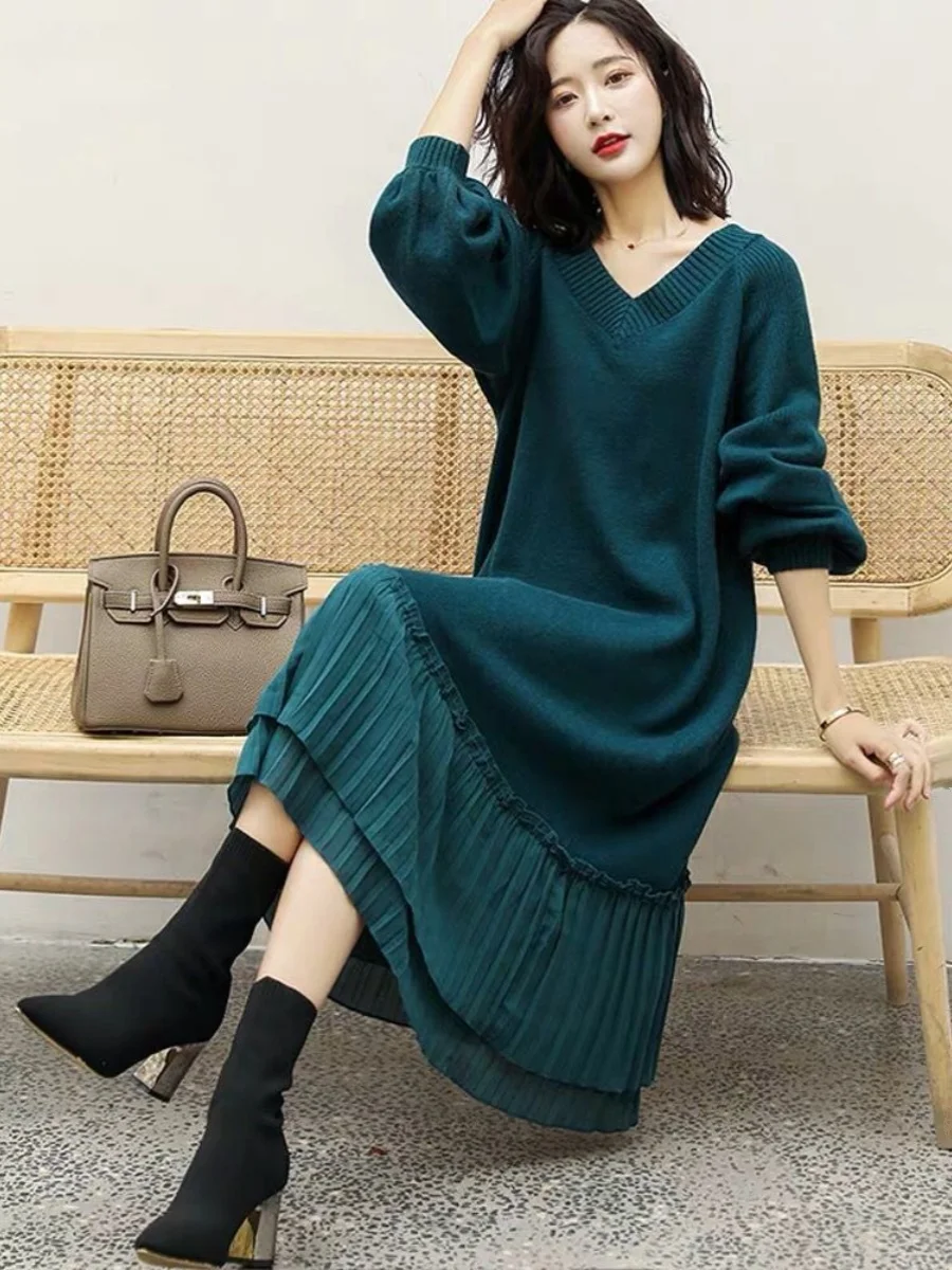 

plus Size Knitted Long Dr over Knee Sweater Sle V Ne Loose Fit Splice Design Autumn Winter Women's Faion Casual Dr