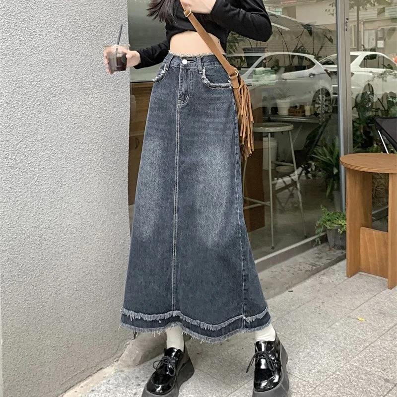 Summer Women Stylish Raw Edge Design Denim Skirt Girls Vintage High Waist Jeans Skirts Girls Korean A-line Mid-Long Skirts