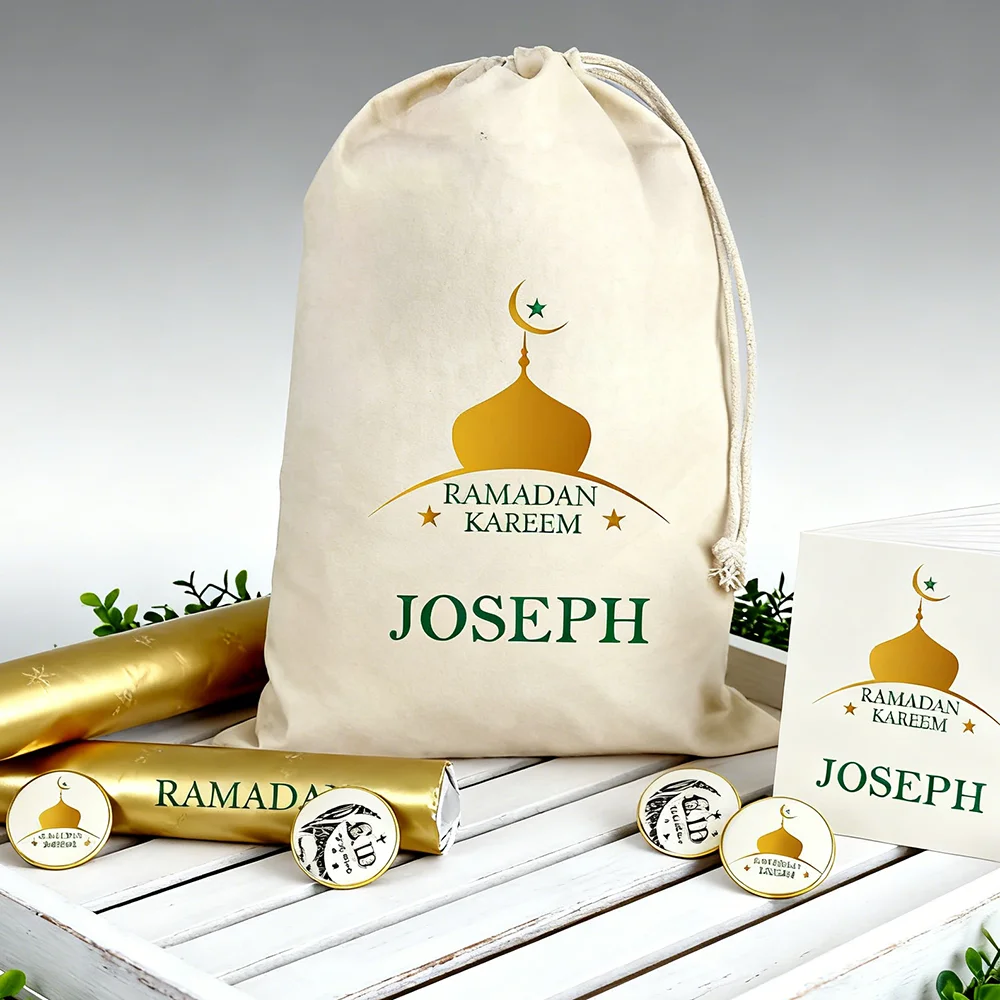 Personalisierte 30 x 40 cm große Ramadan-Geschenktüte mit Kordelzug für Kinder, Jungen und Mädchen, Eid Iftar Al-Adha-Geschenktüte, muslimische Islam-Partydekorationen