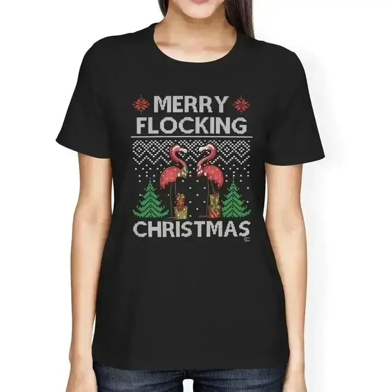 1T T Shirt Womens Loose Fit Merry Flocking Christmas Flamingo Presents