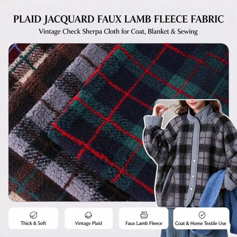 Plaid Jacquard Faux Lamb Fleece Fabric Vintage Check Print Sherpa Cloth for Coat Loungewear Blanket Sofa Upholstery Sewing