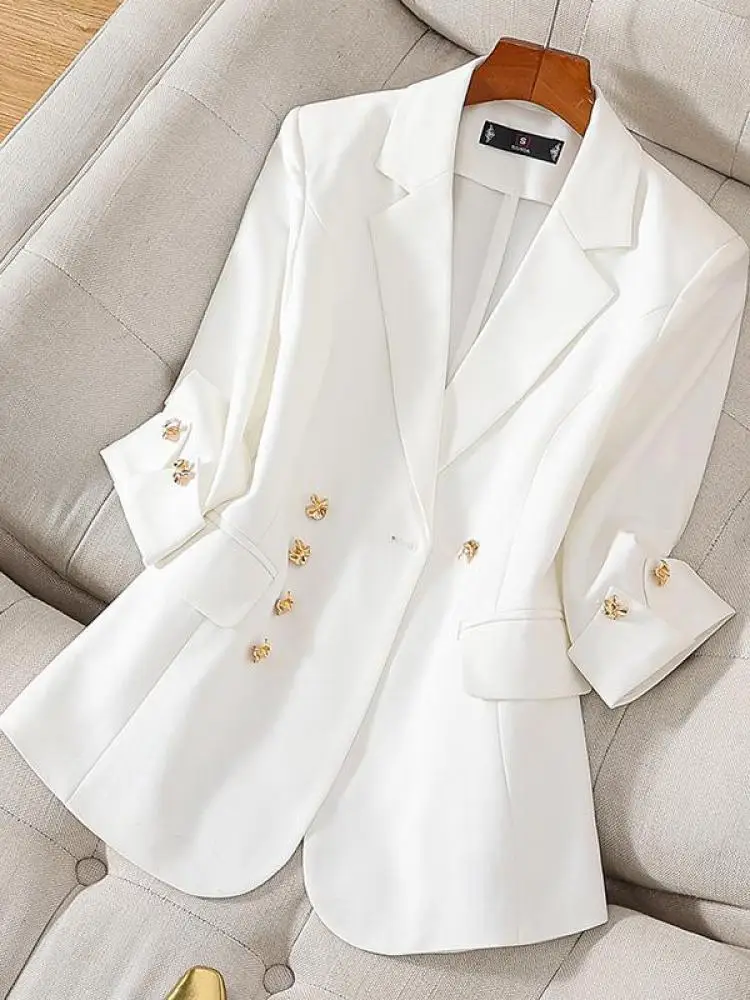 

Korean Fashion Women Black Beige Double Breasted Blazer Coat Spring Summer Vintage White Seven Quarter Sleeve Versatile Top Chic