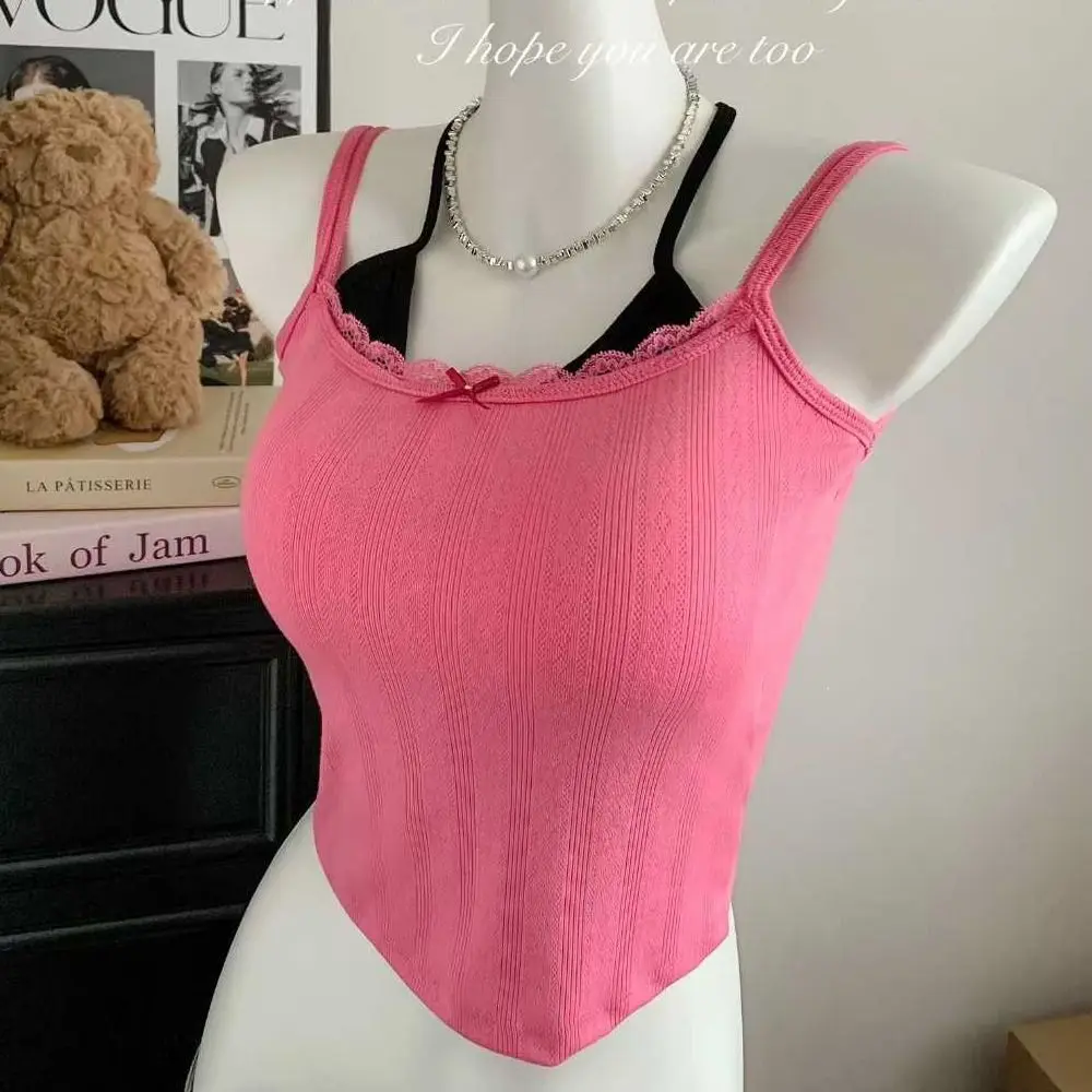 Simple Sleeveless Lace Trim Camisole Slim With Padded Cups Tie Back Camisole Top Underwear Short Vest Sports Activities