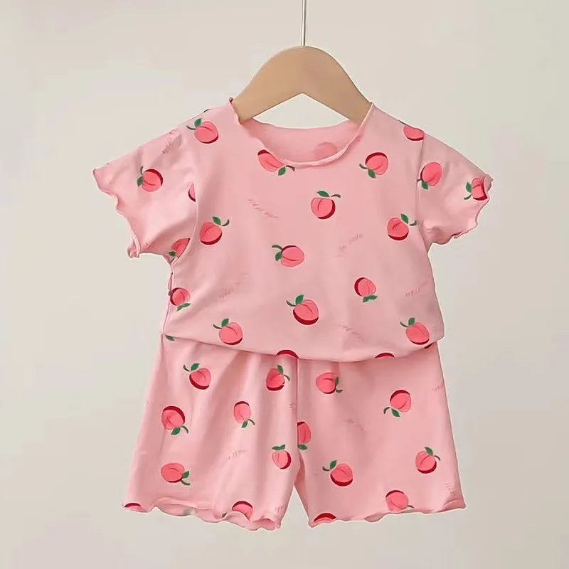 Baby Girl Strawberry Pajamas Set Summer Short Sleeve Thin Two Piece Toddler Kids Sleepwear Infant Home Wear Clothes