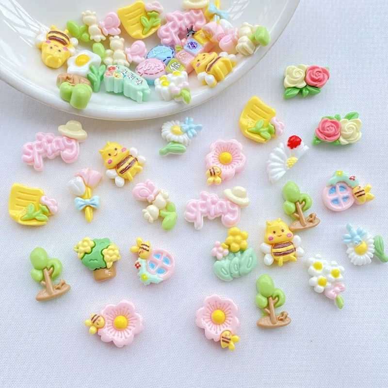 30Pcs New Cute Resin Mini Flowers， Bees ，tree Series Flat Back Manicure Parts Embellishments For Hair Bows
