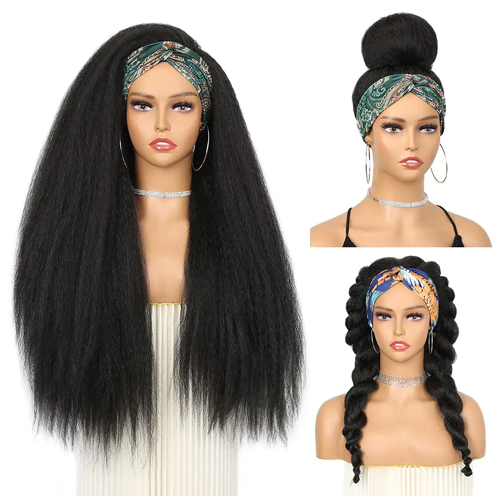 Yaki Straight Wigs with Black Headband Kinky Afro Wigs 26 Inches Kinky Straigh Wig  with Headband for Black Women Daily Use