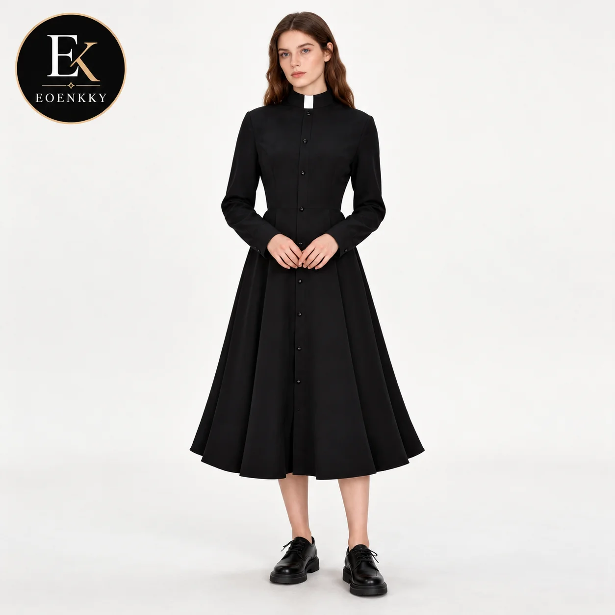 Women Gothic Priest Costume Dress Black Clergy Collar Long Sleeve Button Down A Line Midi Dress Halloween Cosplay Outfit