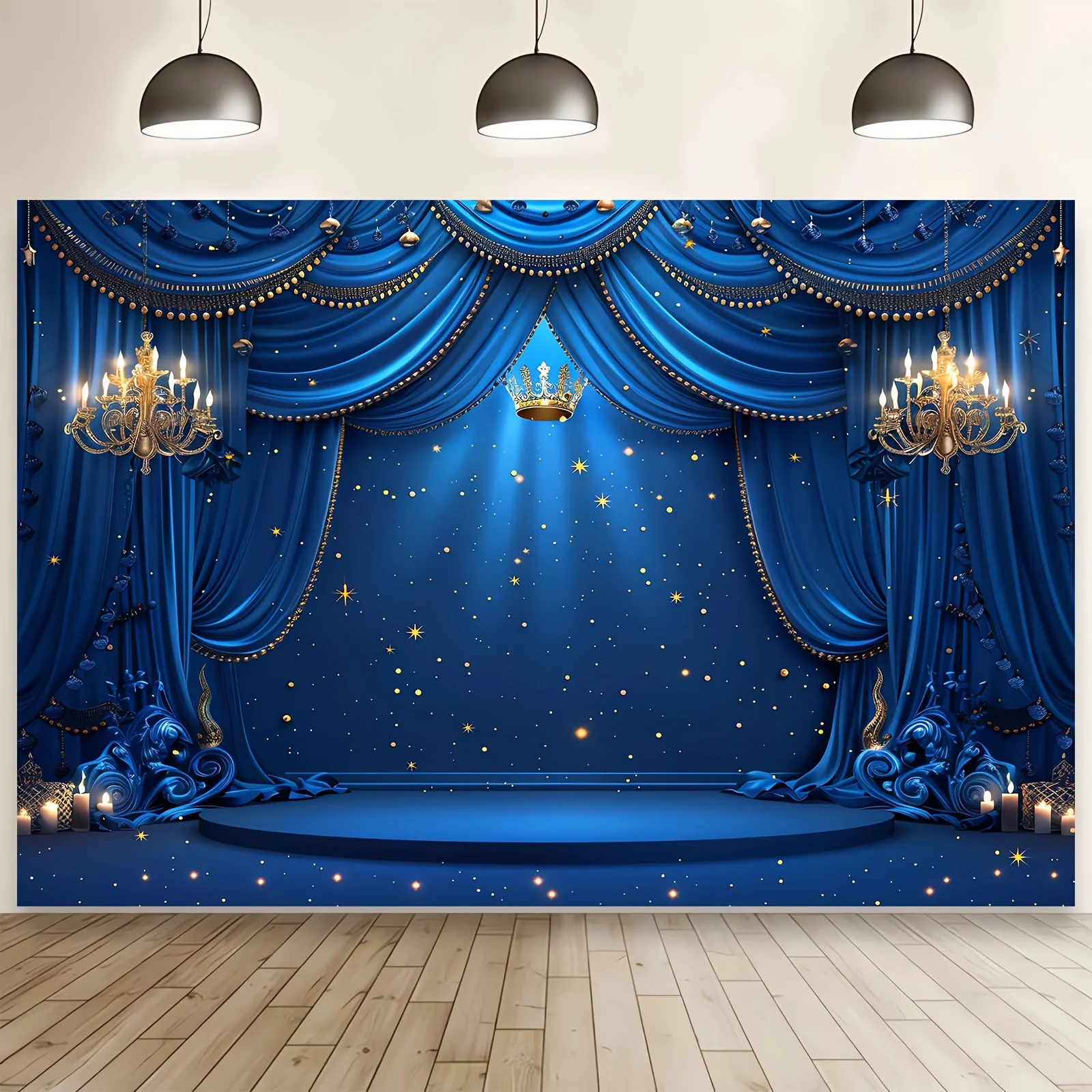 Royal blue and gold photography background with crown and stars - suitable for the Little Prince theme shoot