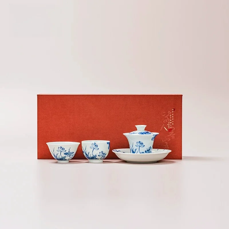 Chinese Hand-Painted Blue and White Kung Fu Tea Set, Household Tea Making Cover Bowl Teacup, High-End Light Luxury