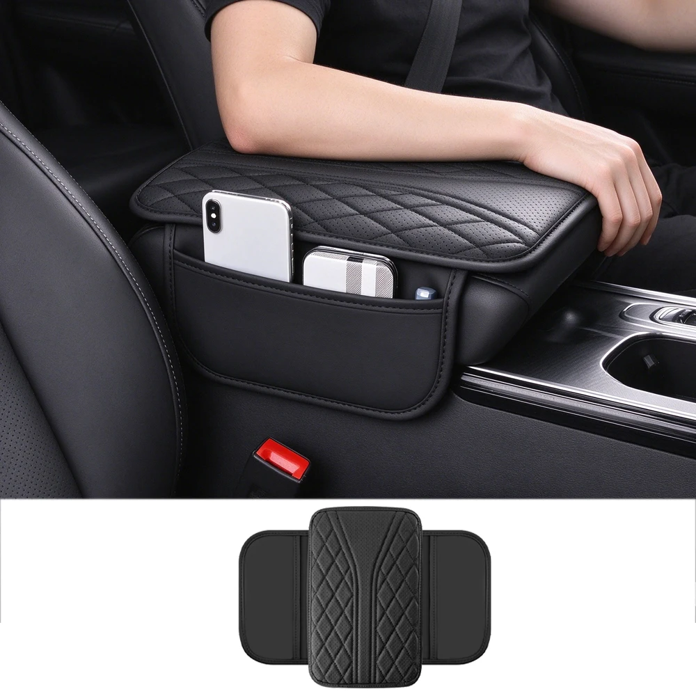 Car Armrest Box Pad PU Leather Armrest Cushion Side Storage Pocket Center Console Elbow Support Protective Cover Auto Interior