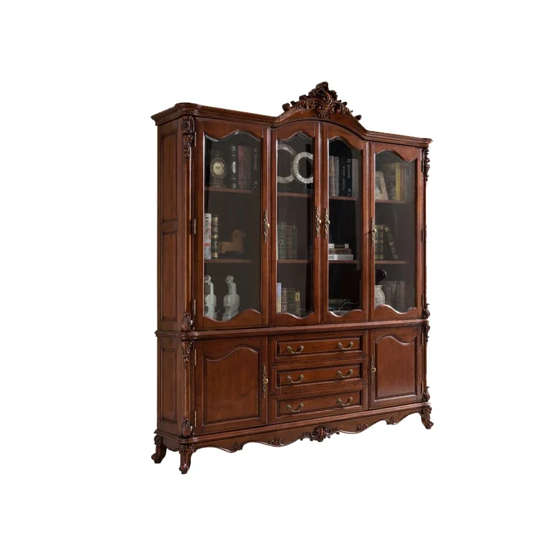 

American all-solid wood four-door bookcase, study storage, retro European bookcase floor-to-ceiling display cabinet