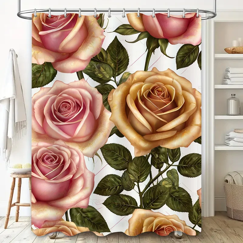 Pink Rose Shower Curtain 3D Printed Waterproof Bathroom Decor Artificial Flowers Plants Home Improvement