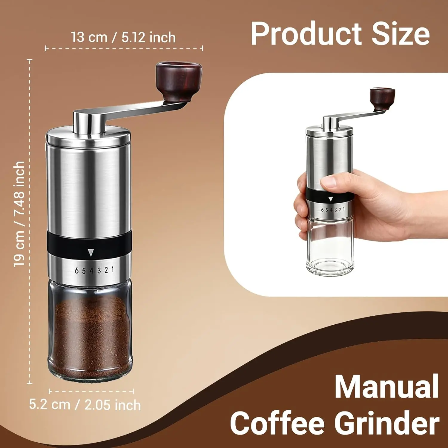 Ceramic Burr Manual Coffee Grinder with 6 Adjustable Coarseness Settings for Espresso Beans French Press Pour Over Drip