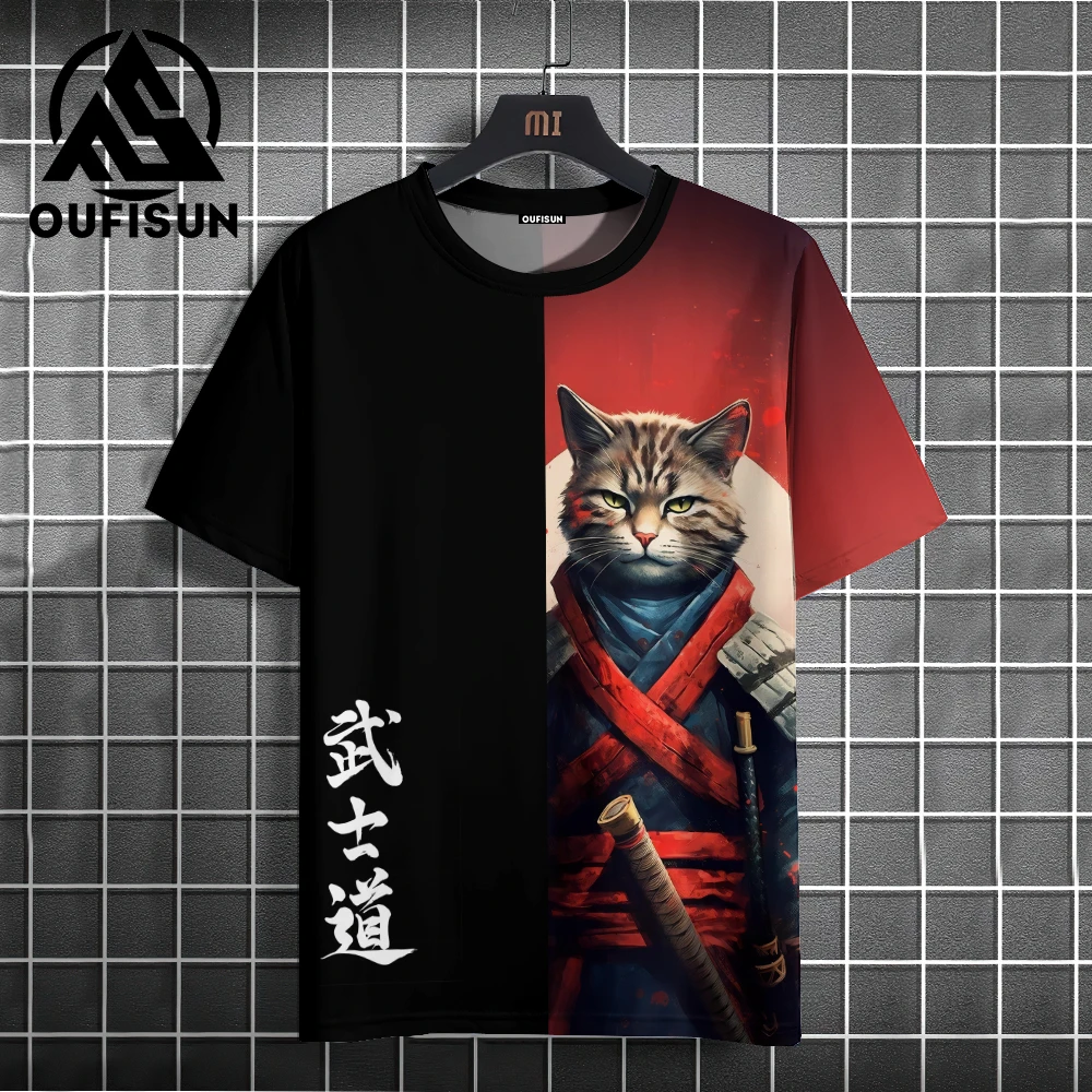 Camiseta con estampado de gato de dibujos animados para hombre, Jersey informal con estampado de Samurai japonés, camisetas sueltas de manga corta,