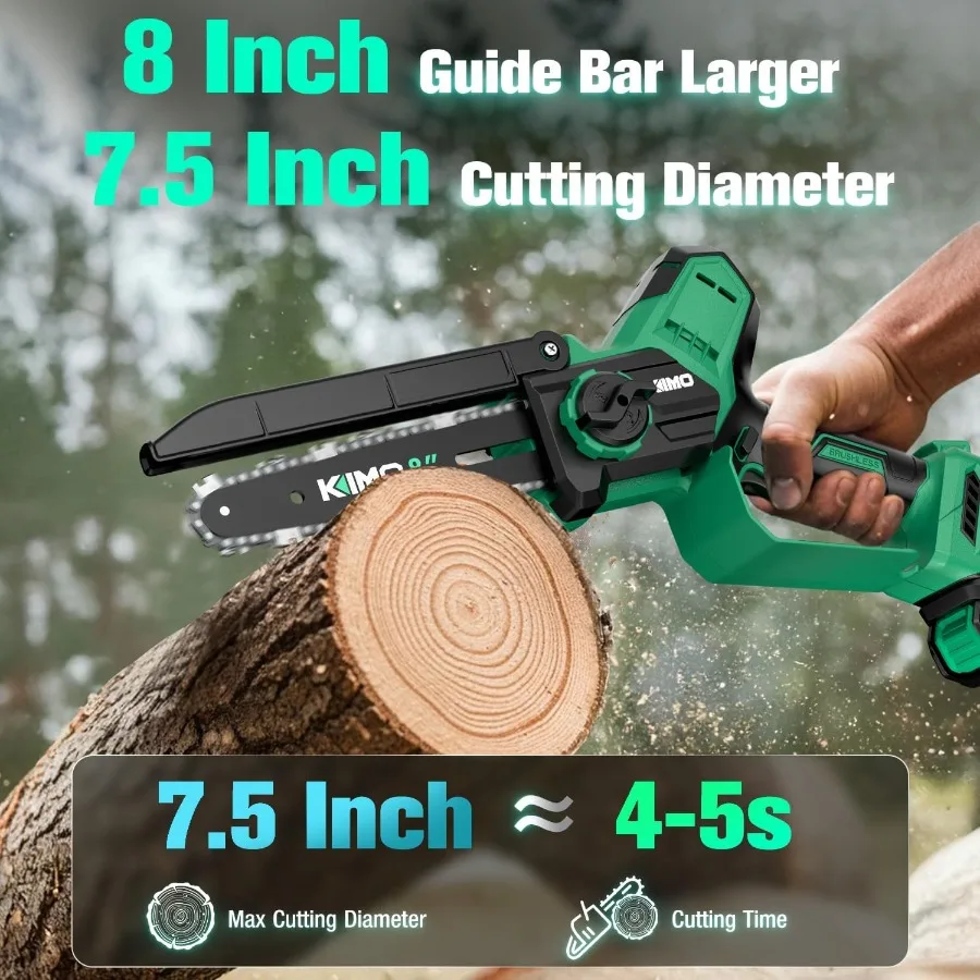 Mini motosierra inalámbrica de 8 pulgadas con 2 baterías de 4,0 Ah y cargador rápido Cadena eléctrica de mano de corte de alta potencia de 34 pies/s