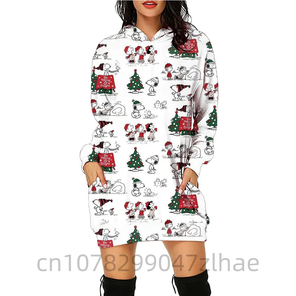 New Autumn and Winter Women\'s Snoopy Cute Print Disney Christmas Series Ladies Fashion Hoodie Dress Casual Long Sleeve Dress