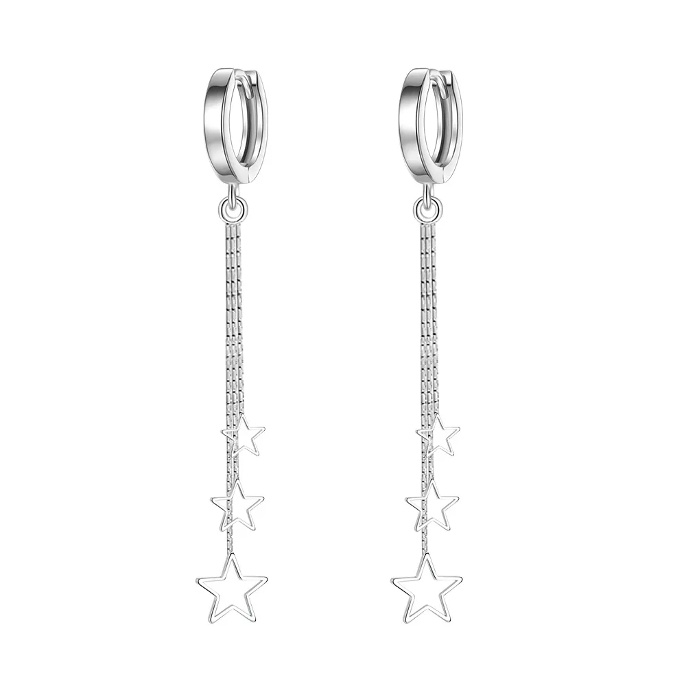 Elegant Popular Three Stars Hoop Earrings For Women 925 Sterling Silver Party Jewelry Beautiful Long Tassel Earring